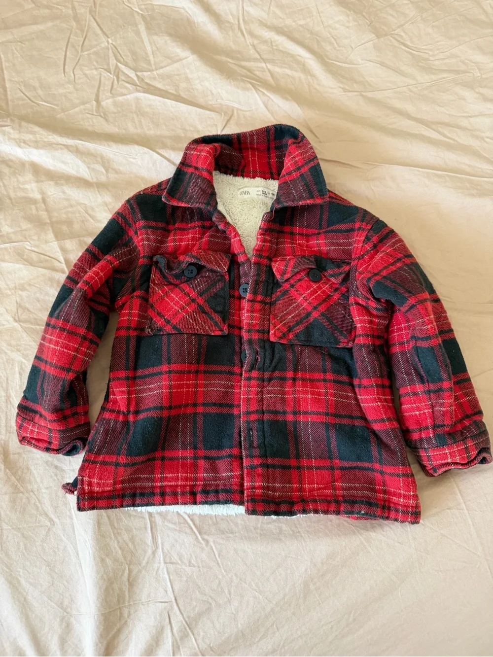Zara Kids Red & Black Plaid Sherpa-Lined Pea Coat 3-4Y